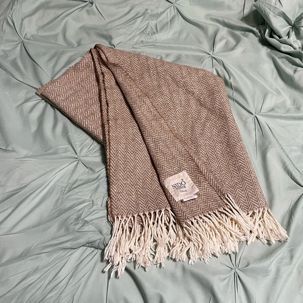 Nido Notte Italia Tan Herringbone Woven Cotton Oversized Scarf Throw Blanket